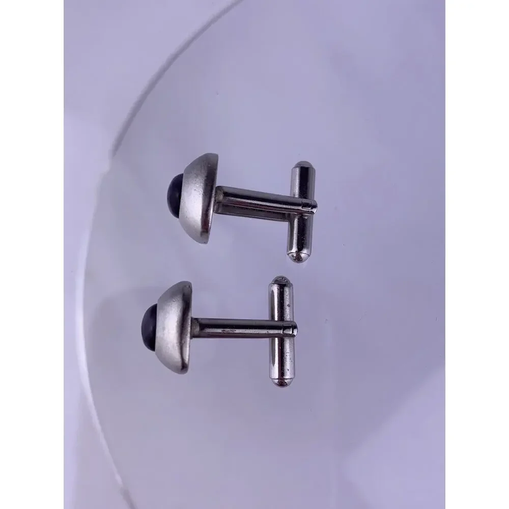 Gray Cats Eye Cabochon Silver Tone Cufflinks Matte Formal Retro Vintage